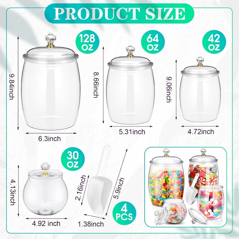 Nuogo 4 Pcs Plastic Candy and Cookie Jars with Lids Clear Cookie Container Candy Jars Large Airtight Apothecary Storage Organization for Wedding Home Kitchen Bar(30/42/64/128 oz) - Image 2