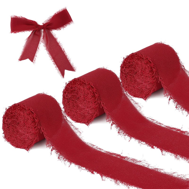 KINBOM 3 Rolls Chiffon Ribbon 15 Inch x 55 Yd Wine Red Silk Chiffon Handmade Fringe for Wedding Christmas Bridal Shower Decoration
