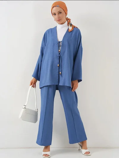 BIG DART BDART Linen Blend Binding Detailed Cardigan and Rib Detail Wide Leg Pants Set