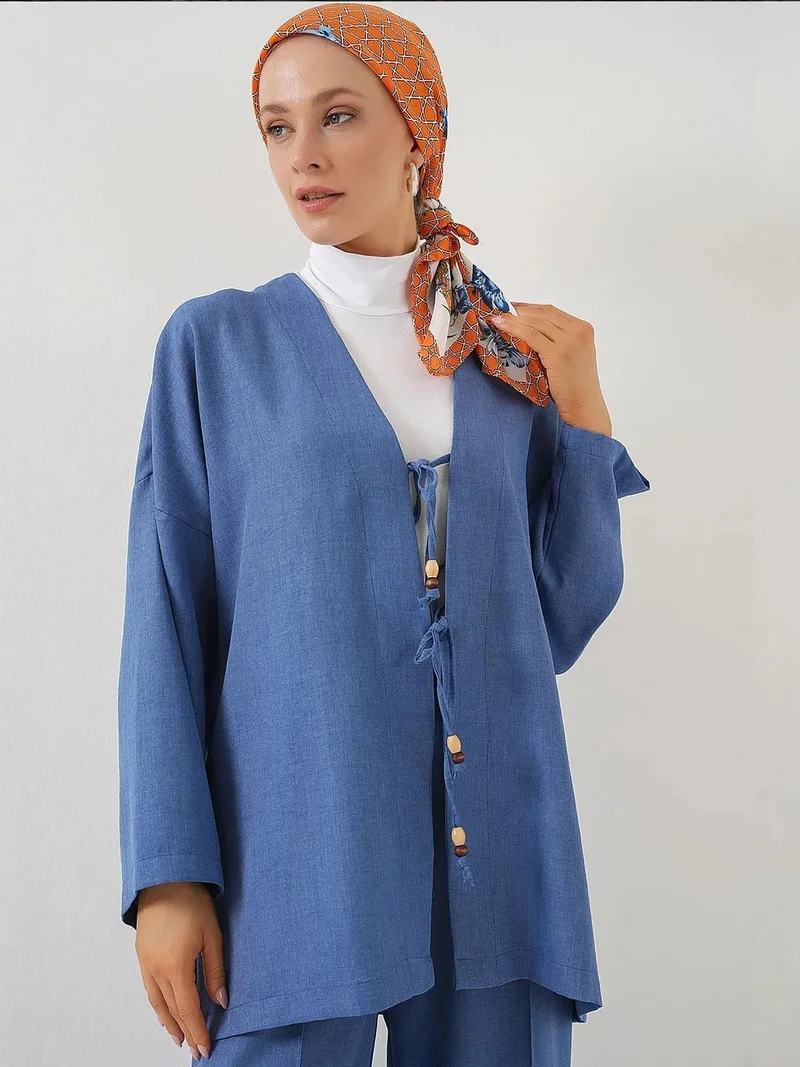 BIG DART BDART Linen Blend Binding Detailed Cardigan and Rib Detail Wide Leg Pants Set