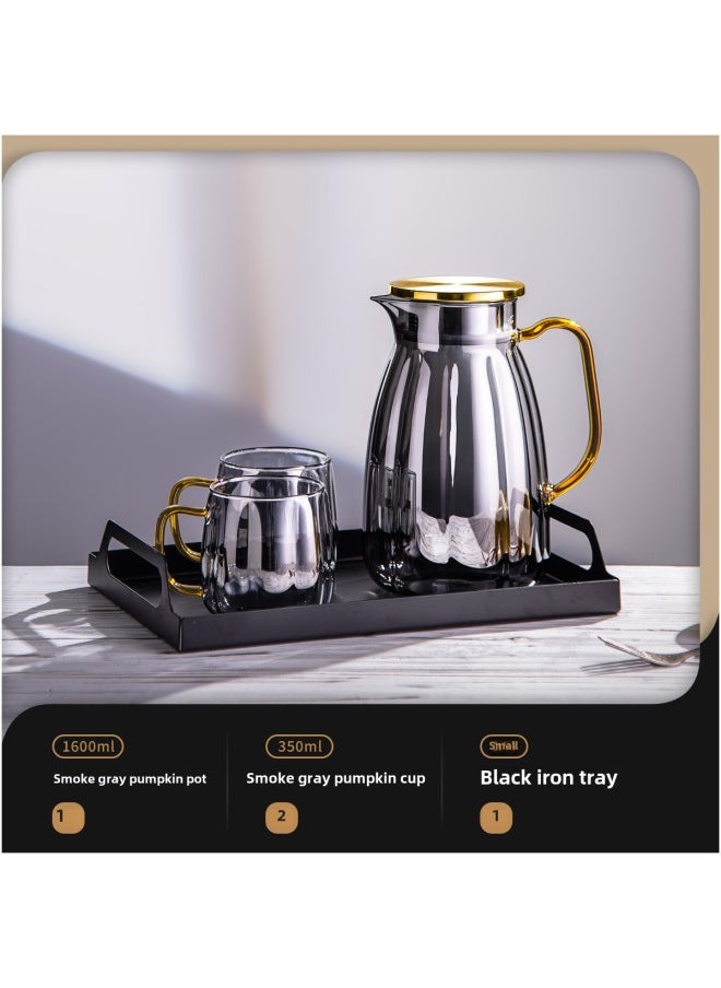 Generic - High-looking Household Glass Cold Water Kettle, High Temperature Resistant Cool Boiled Water Cup, Creative Living Room Herbal Tea Ice Water Kettle, Large Capacity-Color:1600ML+[one Pot And Two Cups]+matte Black Iron Tray - Image 1