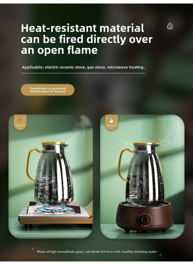 Generic - High-looking Household Glass Cold Water Kettle, High Temperature Resistant Cool Boiled Water Cup, Creative Living Room Herbal Tea Ice Water Kettle, Large Capacity-Color:1600ML+[one Pot And Two Cups]+matte Black Iron Tray - Image 1