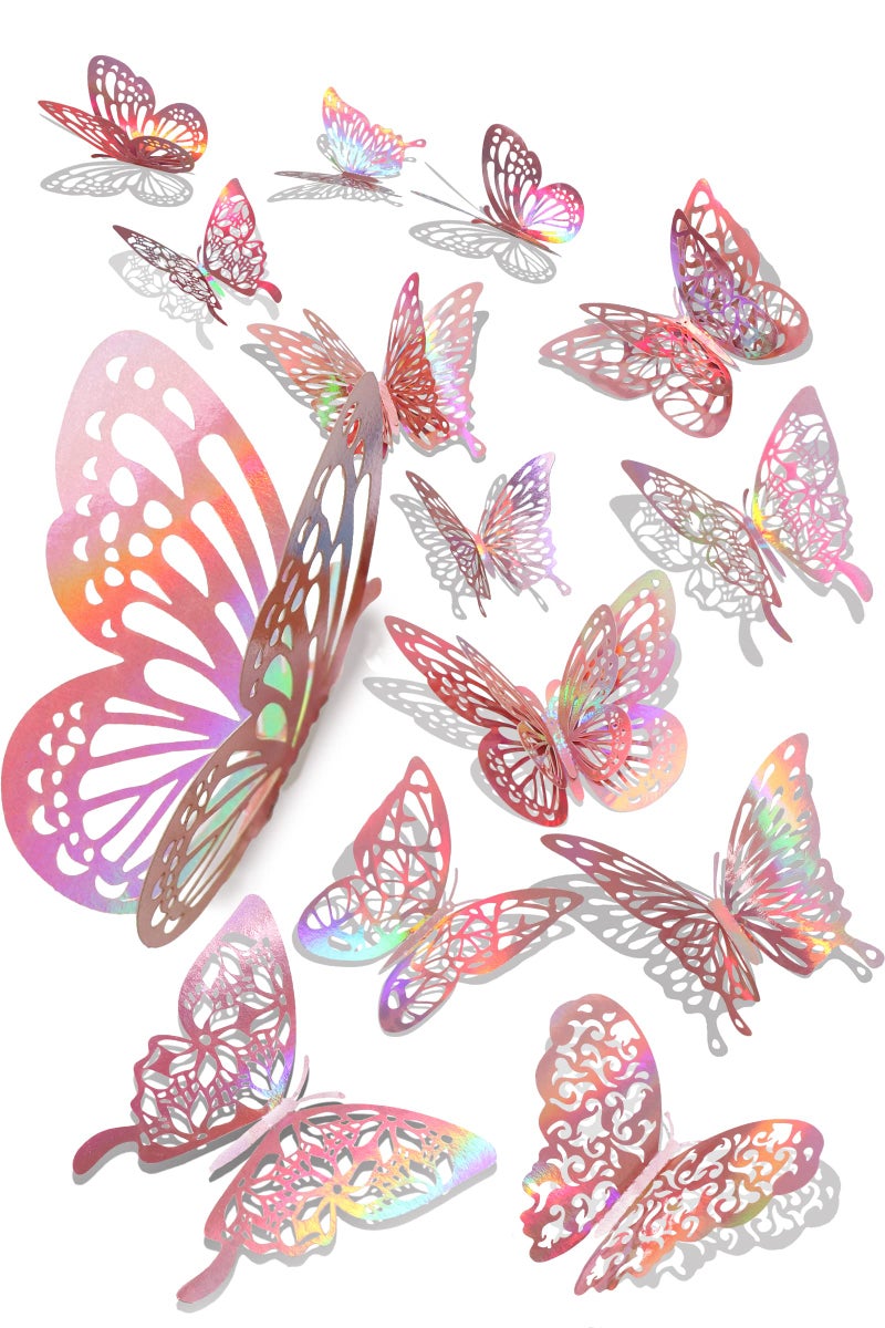 60 Pcs 3D Butterfly Wall Decor Stickers Iridescent Rose Gold Decorations Party Holographic Butterflies Decor Butterfly Decals for Bedroom Classroom Wedding Decor DIY Gift
