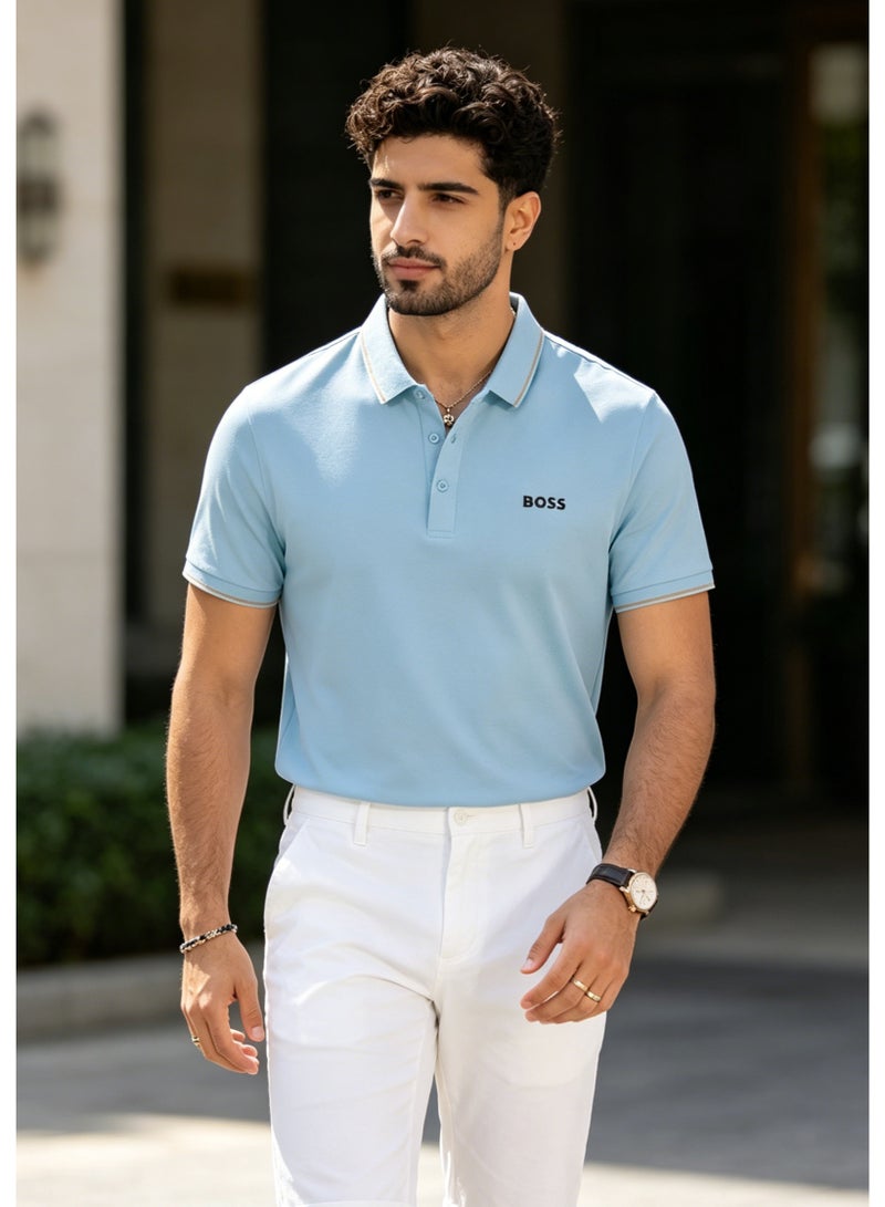 بوس قميص بولو منعش قصير الأكمام للرجال من BOSS - أزرق فاتح - Image 5
