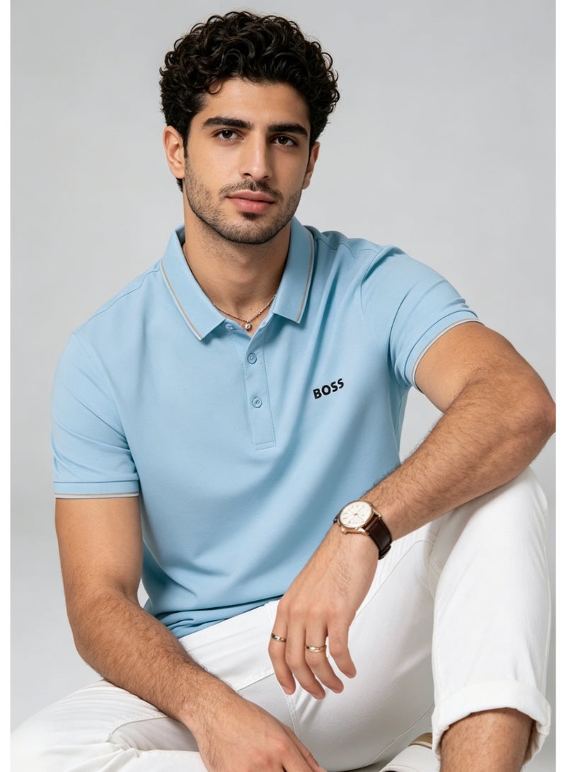 بوس قميص بولو منعش قصير الأكمام للرجال من BOSS - أزرق فاتح - Image 3
