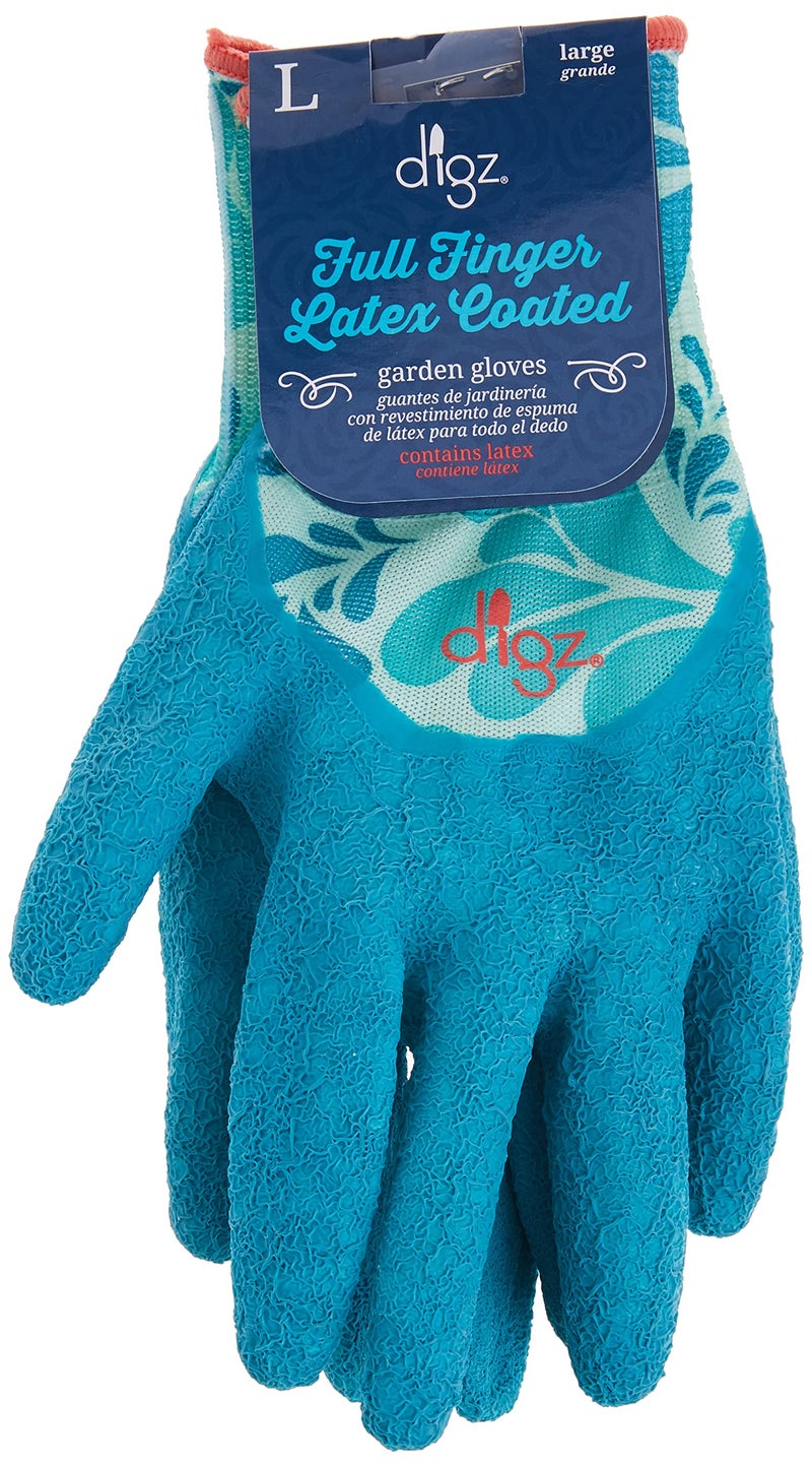 Digz Long Cuff Stretch Knit Garden Gloves with Full Finger Latex Coating | Color: Blue Leaves Pattern | Size: Small - Image 3