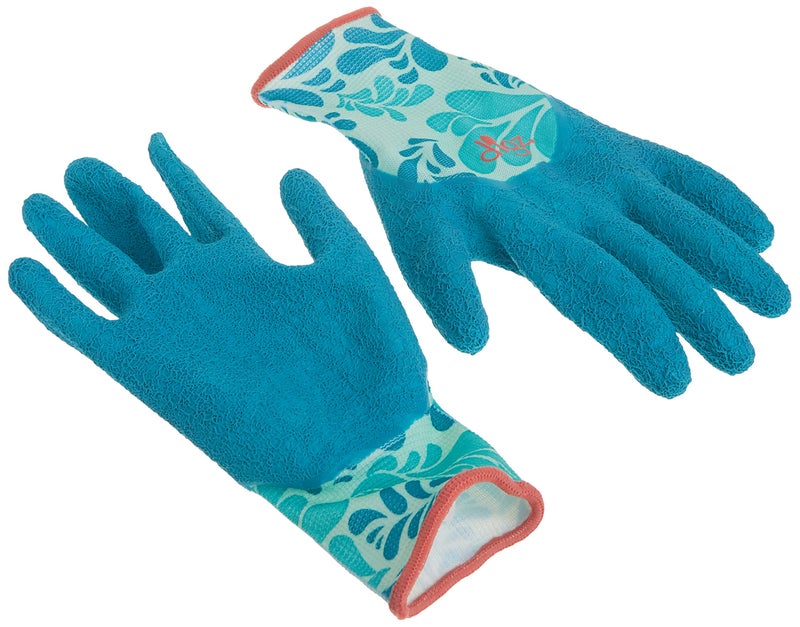 Digz Long Cuff Stretch Knit Garden Gloves with Full Finger Latex Coating | Color: Blue Leaves Pattern | Size: Small - Image 2