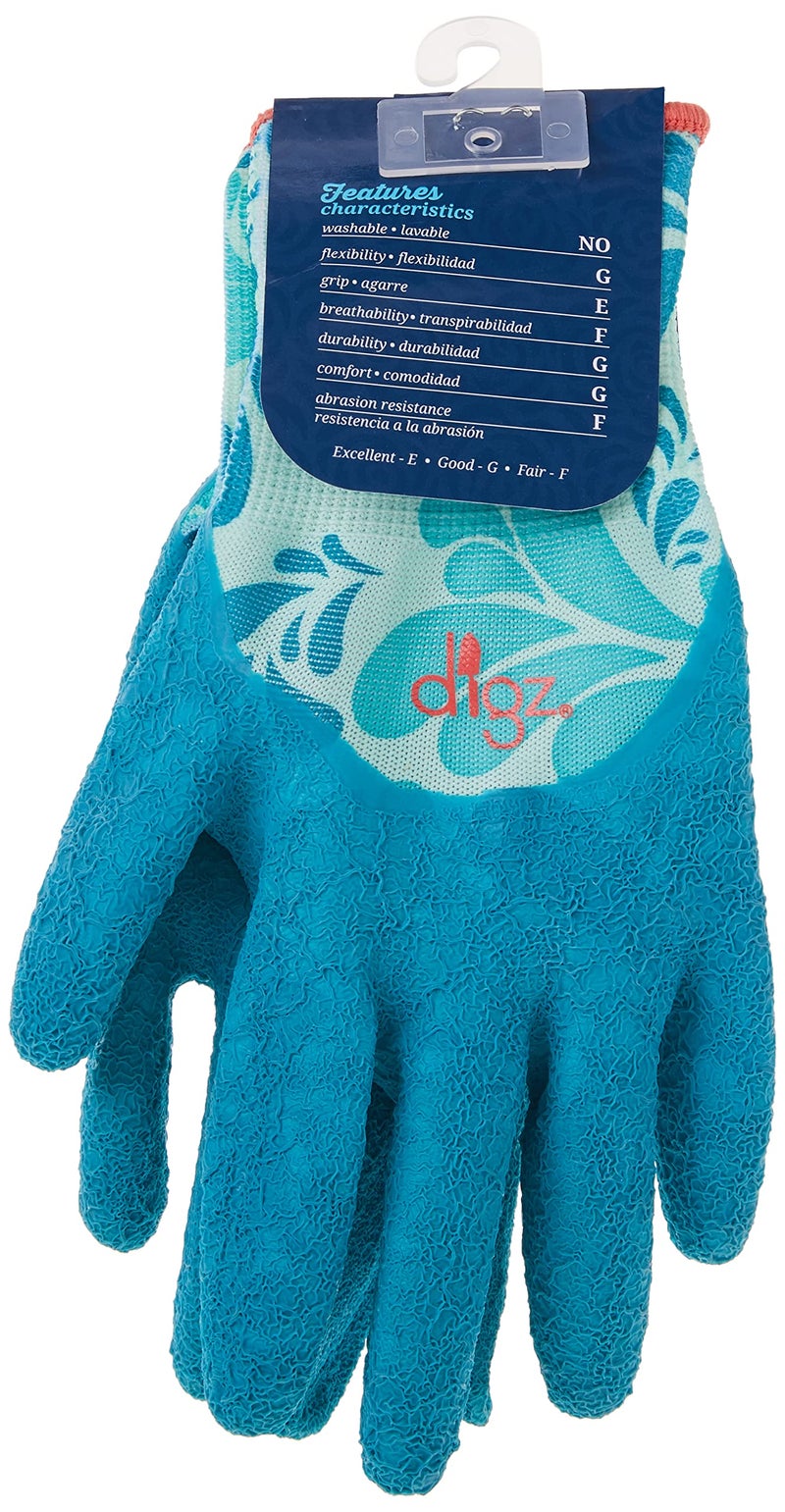 Digz Long Cuff Stretch Knit Garden Gloves with Full Finger Latex Coating | Color: Blue Leaves Pattern | Size: Small - Image 4
