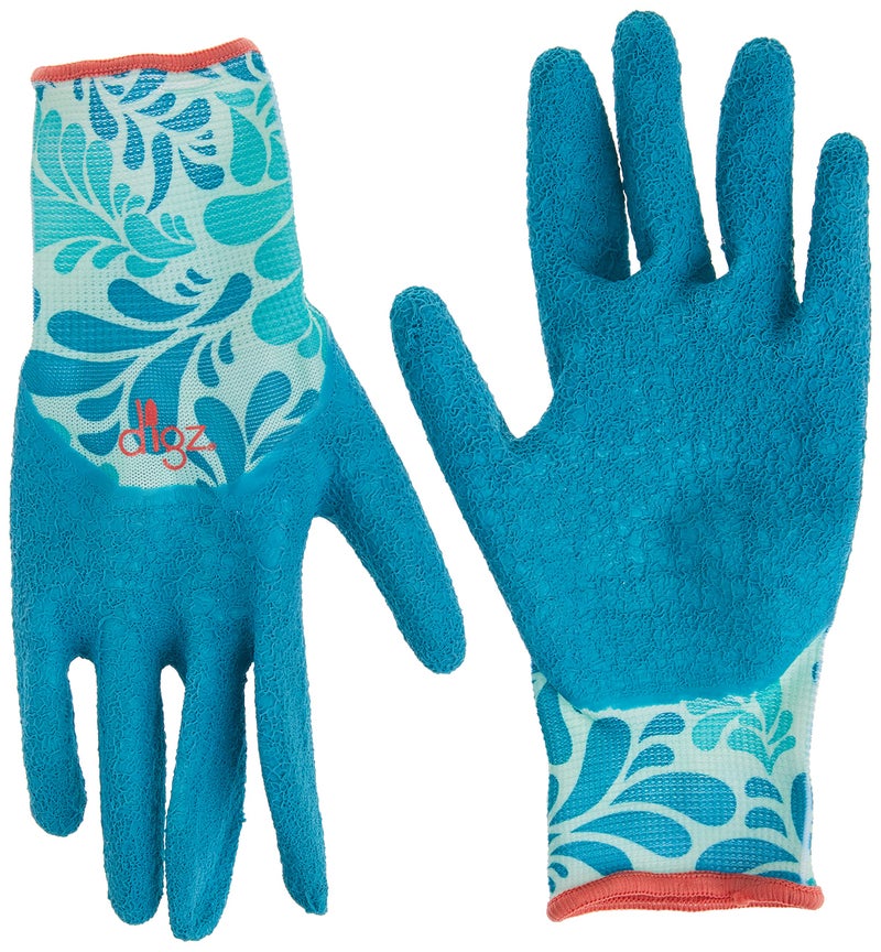 Digz Long Cuff Stretch Knit Garden Gloves with Full Finger Latex Coating | Color: Blue Leaves Pattern | Size: Small - Image 5