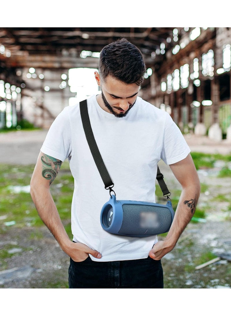 Silicone protection compatible with JBL Charge 5 Bluetooth portable speaker, waterproof, travel case, soft leather, waterproof rubber bag with shoulder strap and buckle, blue  - Image 5