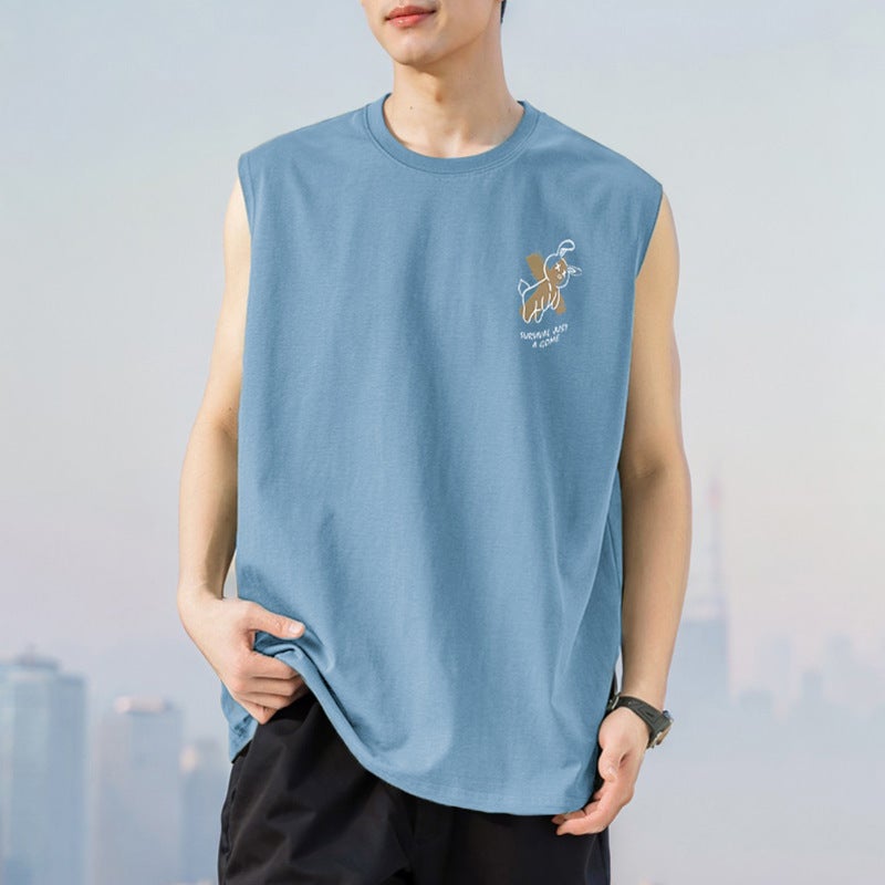Pure Cotton Vest Men'S Sleeveless American Style Waistcoat Summer Outer Wear Loose Fashionable Round Neck Pure Cotton Cut Sleeve Thin Style - Image 1