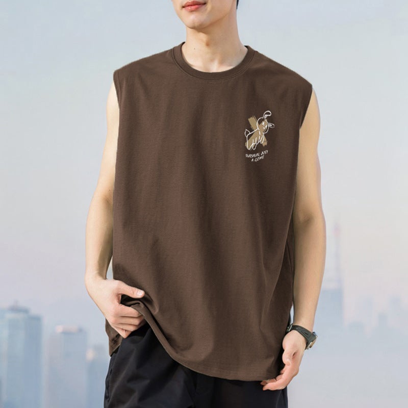 Pure Cotton Vest Men'S Sleeveless American Style Waistcoat Summer Outer Wear Loose Fashionable Round Neck Pure Cotton Cut Sleeve Thin Style - Image 2