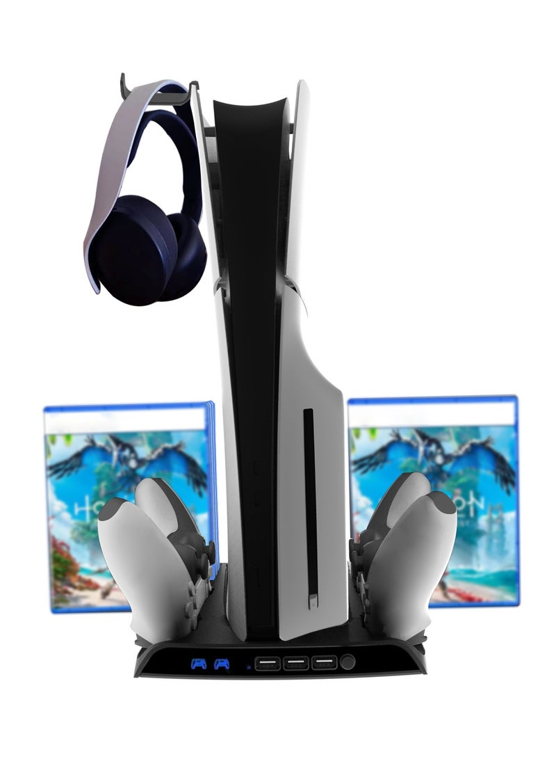 سيوسي حامل تبريد PS5 مع مروحة مزدوجة وشاحن وحدة تحكم - متوافق مع PlayStation 5 Slim Disc والإصدار الرقمي، محطة تبريد رفيعة مع 3 منافذ USB و8 فتحات ألعاب وحامل سماعة رأس، أسود - Image 1