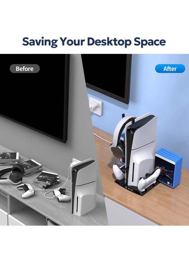 سيوسي حامل تبريد PS5 مع مروحة مزدوجة وشاحن وحدة تحكم - متوافق مع PlayStation 5 Slim Disc والإصدار الرقمي، محطة تبريد رفيعة مع 3 منافذ USB و8 فتحات ألعاب وحامل سماعة رأس، أسود - Image 3