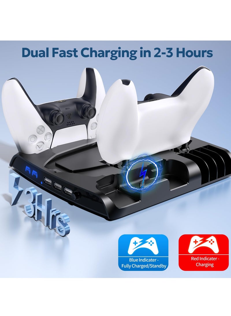 سيوسي حامل تبريد PS5 مع مروحة مزدوجة وشاحن وحدة تحكم - متوافق مع PlayStation 5 Slim Disc والإصدار الرقمي، محطة تبريد رفيعة مع 3 منافذ USB و8 فتحات ألعاب وحامل سماعة رأس، أسود - Image 4