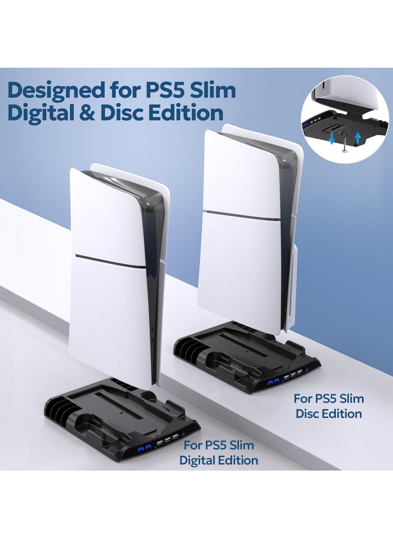 سيوسي حامل تبريد PS5 مع مروحة مزدوجة وشاحن وحدة تحكم - متوافق مع PlayStation 5 Slim Disc والإصدار الرقمي، محطة تبريد رفيعة مع 3 منافذ USB و8 فتحات ألعاب وحامل سماعة رأس، أسود - Image 5