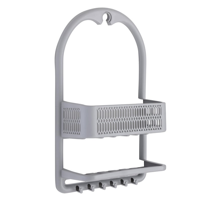 Bath Bliss Molded Shower Caddy | Bathroom Storage | Hangs Over Shower Head | 6 Accessory Hooks | Holds Razors | Washcloths | Accessories | Suction Cup Stability | Grey - Image 1