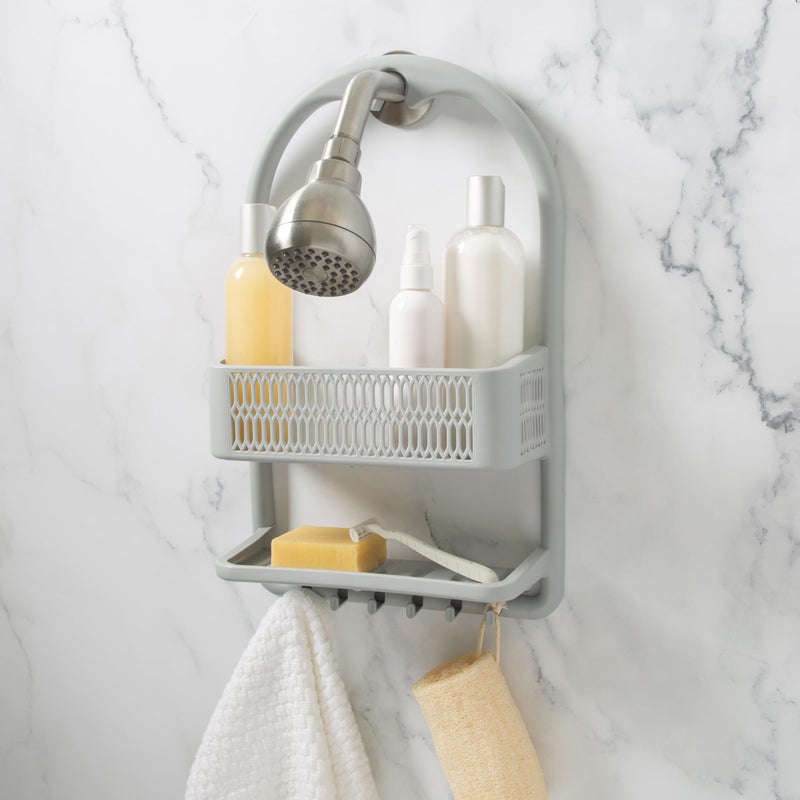 Bath Bliss Molded Shower Caddy | Bathroom Storage | Hangs Over Shower Head | 6 Accessory Hooks | Holds Razors | Washcloths | Accessories | Suction Cup Stability | Grey - Image 2