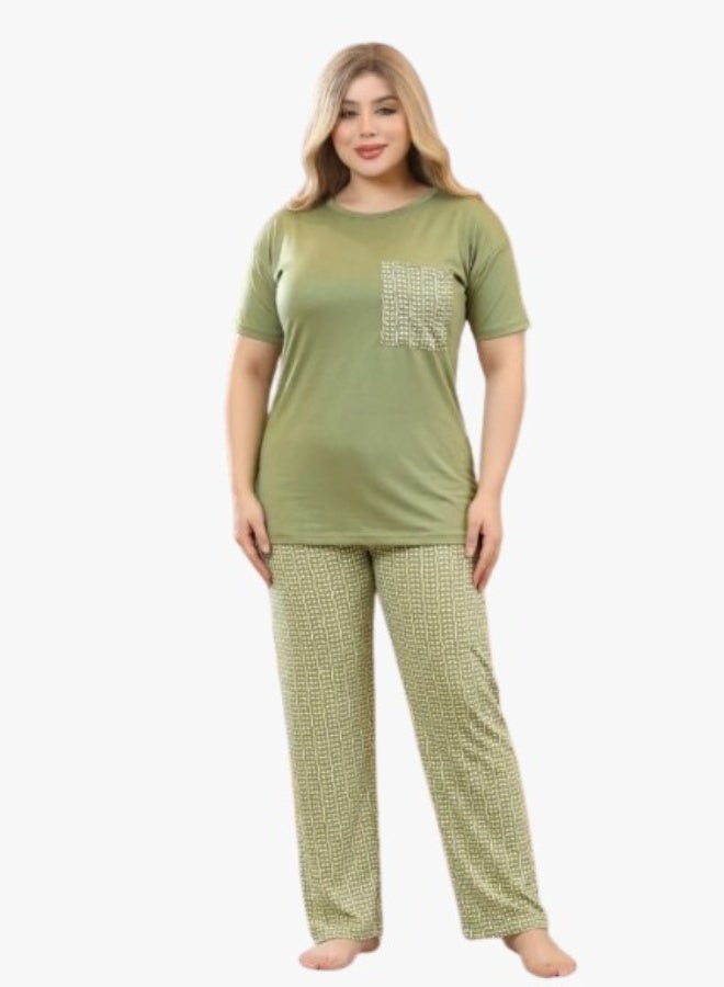 Comfortable women's cotton lycra pajama set (short-sleeved t-shirt and patterned pants) - Image 1