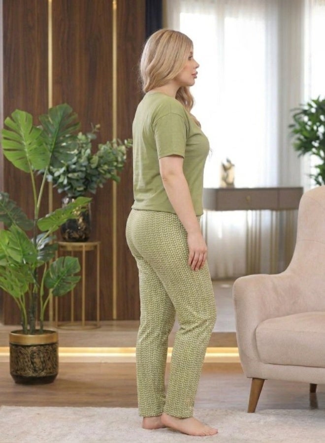 Comfortable women's cotton lycra pajama set (short-sleeved t-shirt and patterned pants) - Image 3