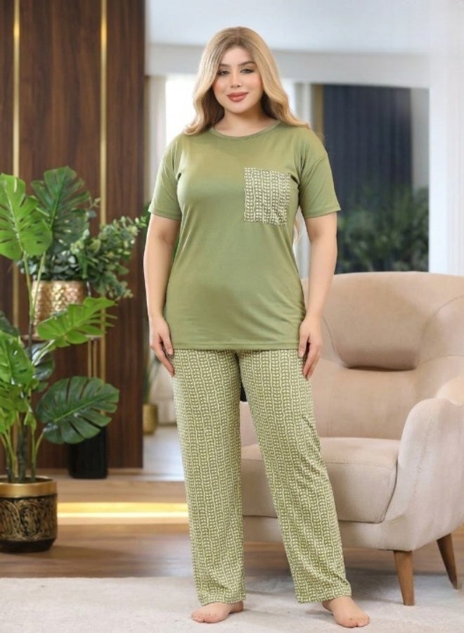 Comfortable women's cotton lycra pajama set (short-sleeved t-shirt and patterned pants) - Image 5