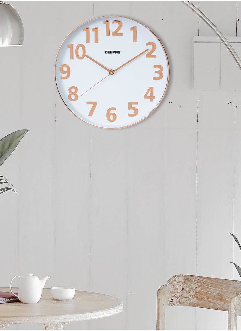 GEEPAS Silent Non-Ticking Wall Clock | 3D Rose Gold Numbers- Glass cover, Round Decorative Wall Clock for Living Room, Bedroom, Kitchen | GWC26013  - Image 1