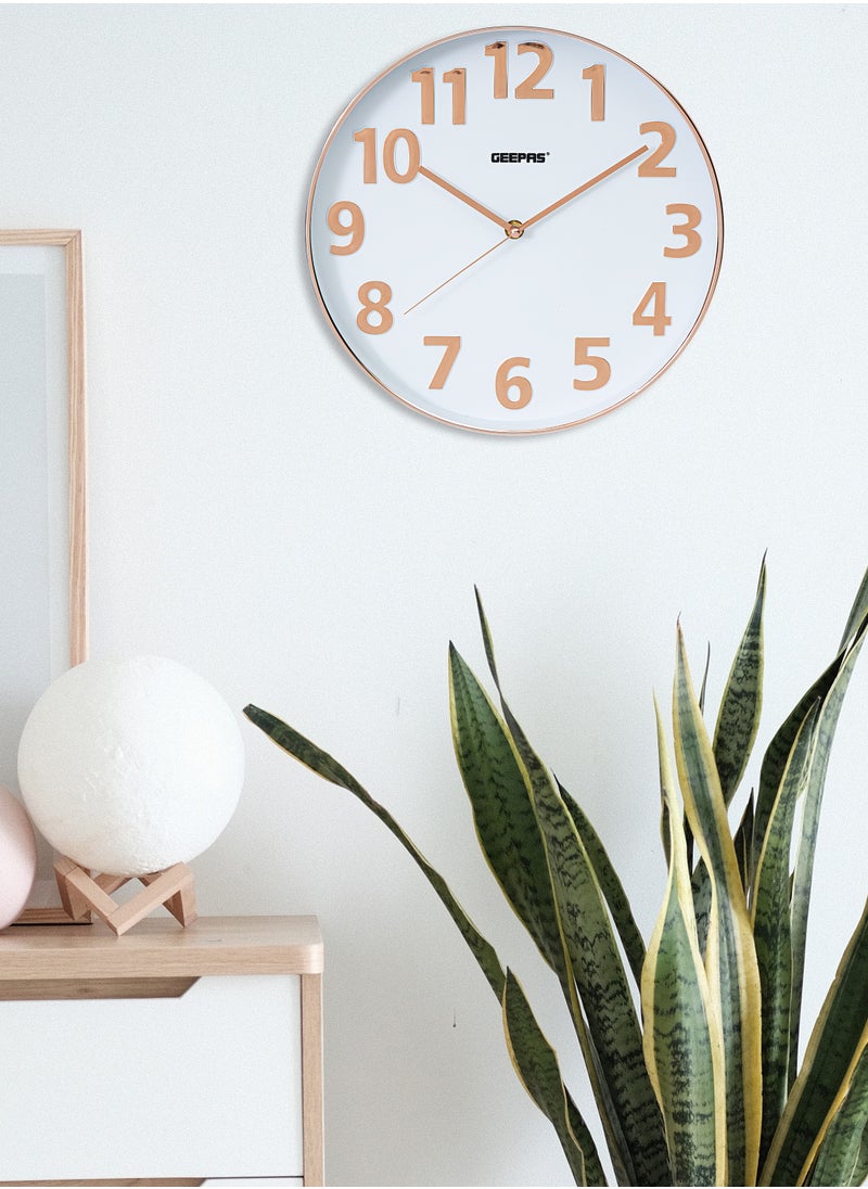 GEEPAS Silent Non-Ticking Wall Clock | 3D Rose Gold Numbers- Glass cover, Round Decorative Wall Clock for Living Room, Bedroom, Kitchen | GWC26013  - Image 3