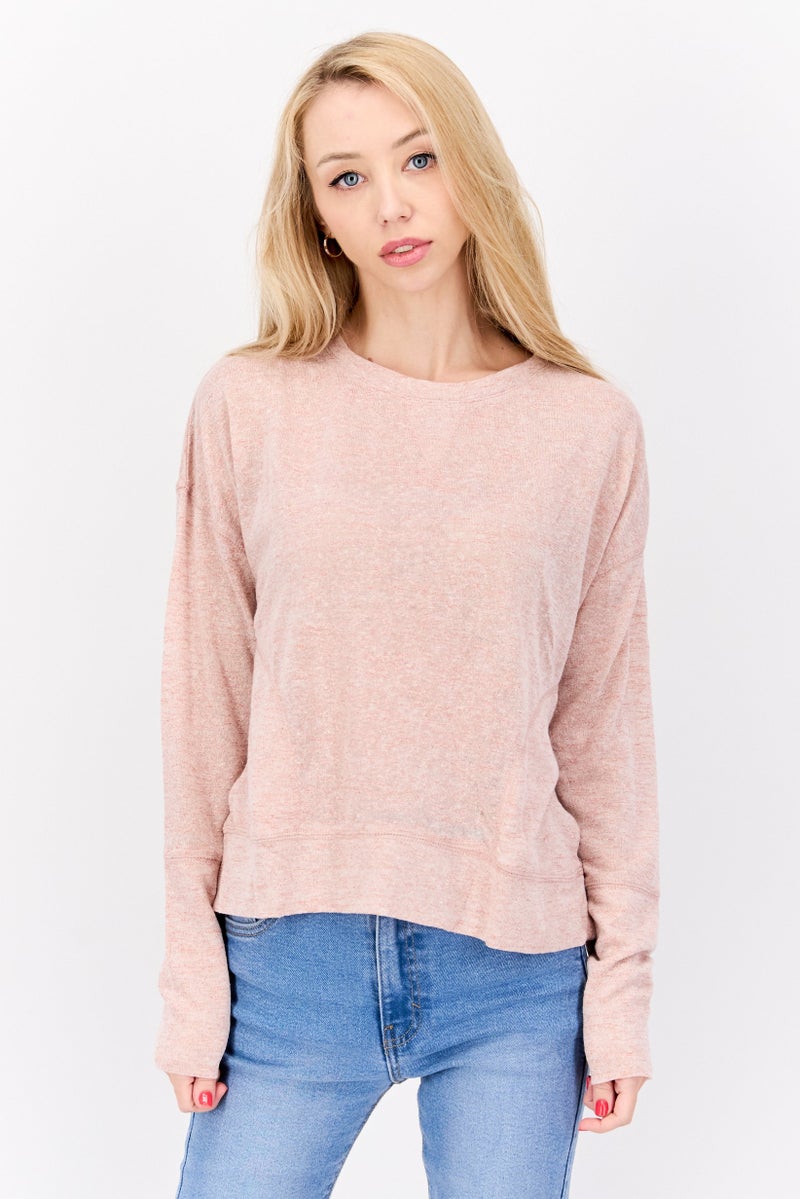 Weatherproof Women Round Neck Long Sleeve Heather Top, Light Pink - Image 1