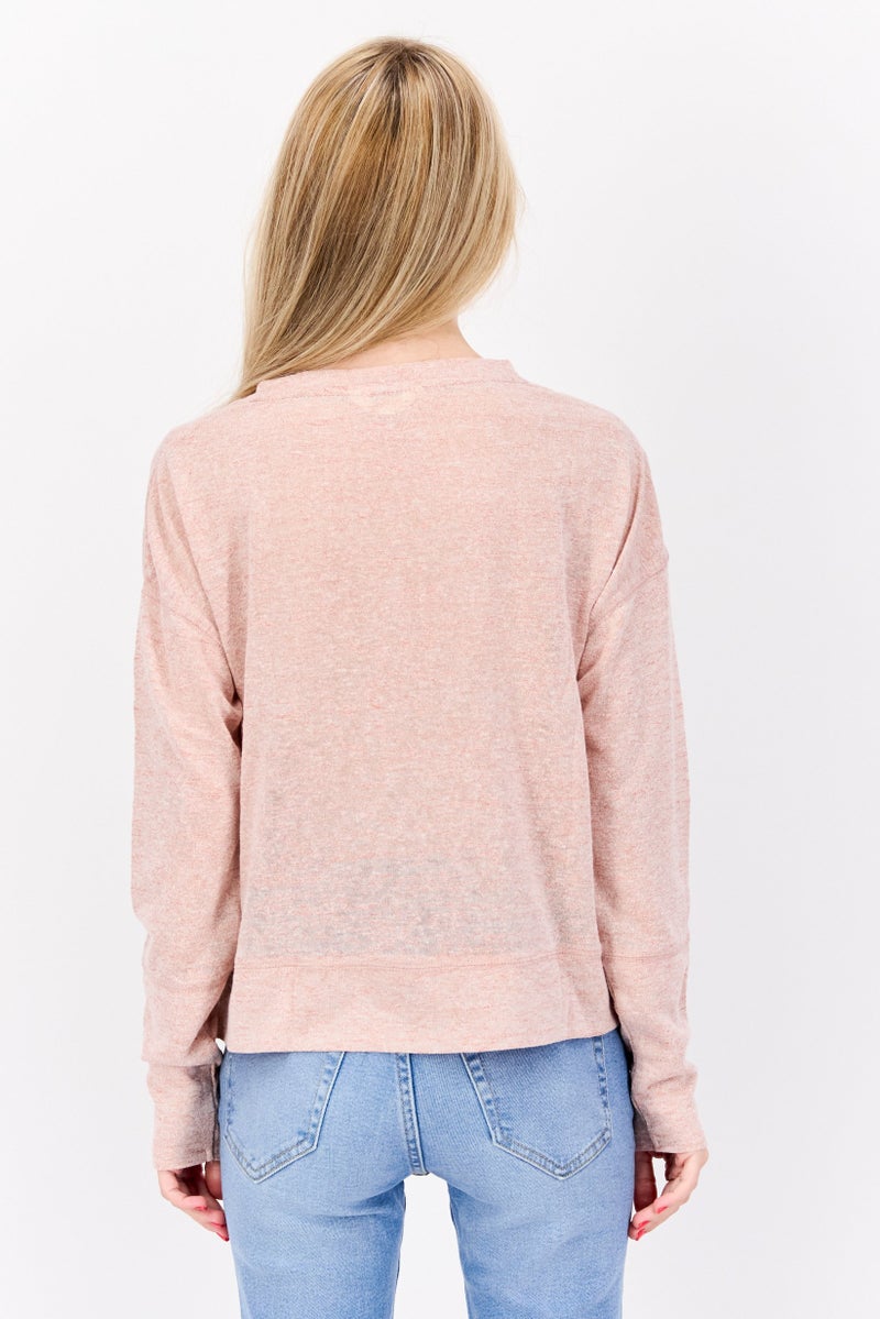 Weatherproof Women Round Neck Long Sleeve Heather Top, Light Pink - Image 3