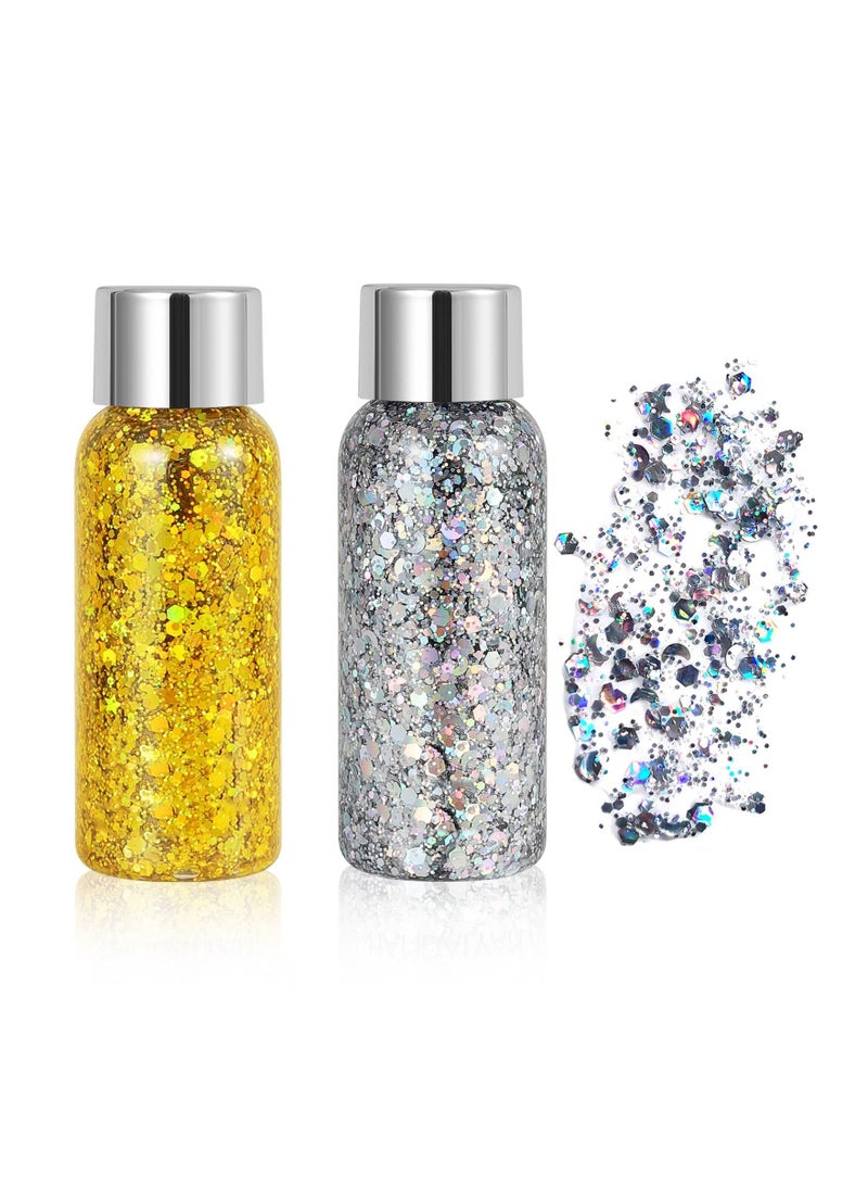 SYOSI 2 Bottle Mermaid Sequins Body Glitter Gel, Long Lasting Holographic Glitter Liquid Body Makeup for Women, Waterproof Face Glitter Gel Total - Image 1