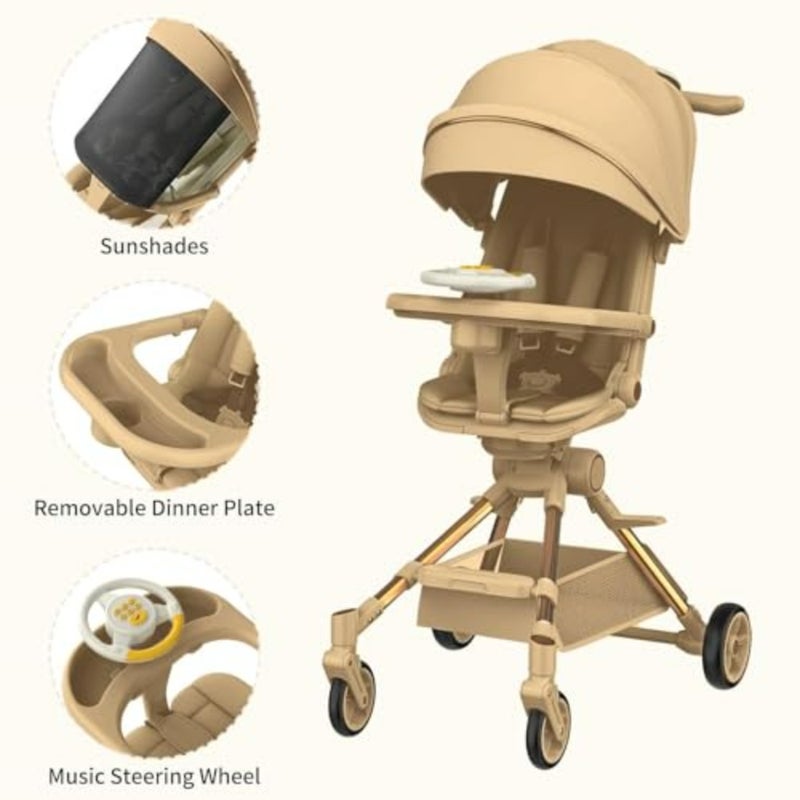 Convertible travel stroller for airport and urban use, lightweight aluminum frame, navy blue, two-way foldable with 5-point harness, sunshades, musical wheel, child tray, extra storage - Image 5