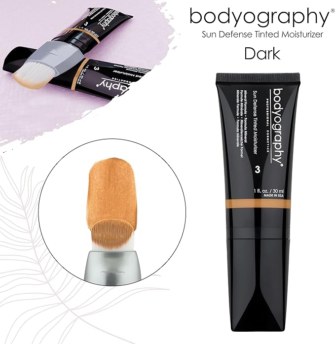 Bodyography Sun Defense Tinted Facial Moisturiser Skin Tint with SPF 12 Hydrating Lightweight Tinted Moisturiser Medium Coverage Includes Brush Applicator Vegan CrueltyFree Dark 30ml - Image 5