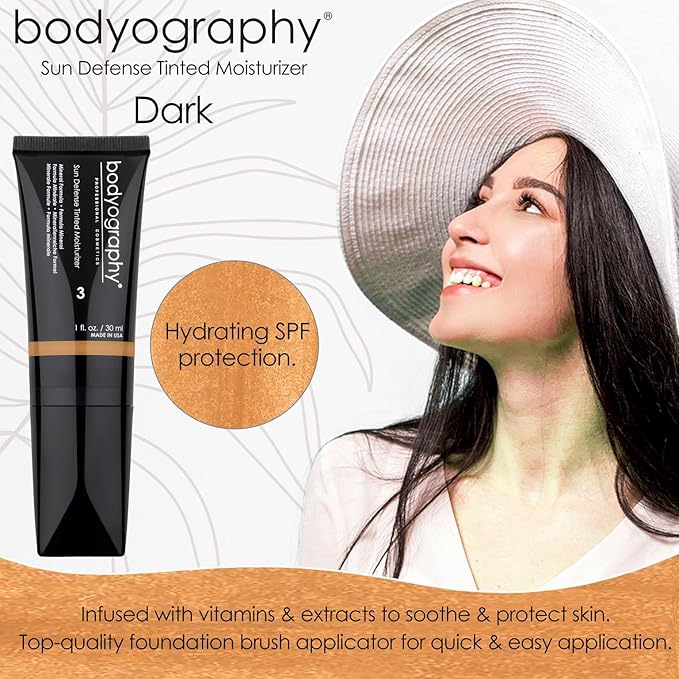 Bodyography Sun Defense Tinted Facial Moisturiser Skin Tint with SPF 12 Hydrating Lightweight Tinted Moisturiser Medium Coverage Includes Brush Applicator Vegan CrueltyFree Dark 30ml - Image 2