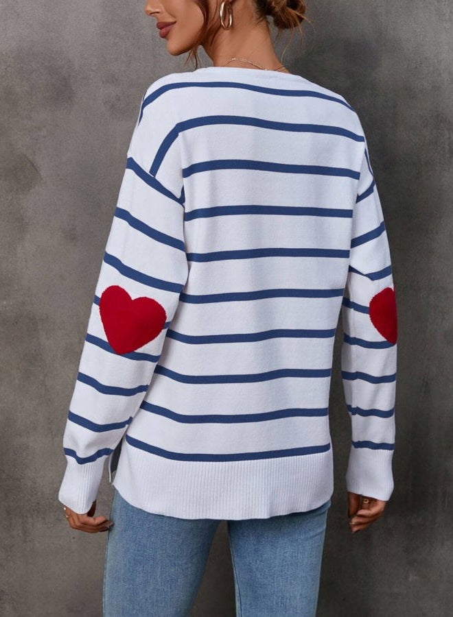 shermie Women's Long Sleeve Crew Neck Knitted Pullover Sweaters Casual Color Block Striped Sweater, 10244 Navy Stripes, M - Image 3