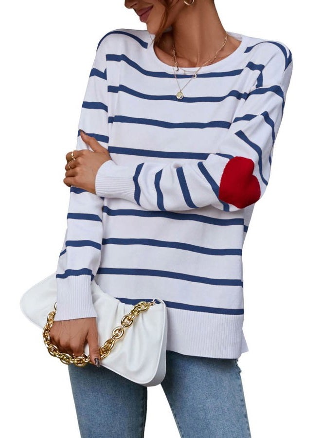 shermie Women's Long Sleeve Crew Neck Knitted Pullover Sweaters Casual Color Block Striped Sweater, 10244 Navy Stripes, M - Image 1