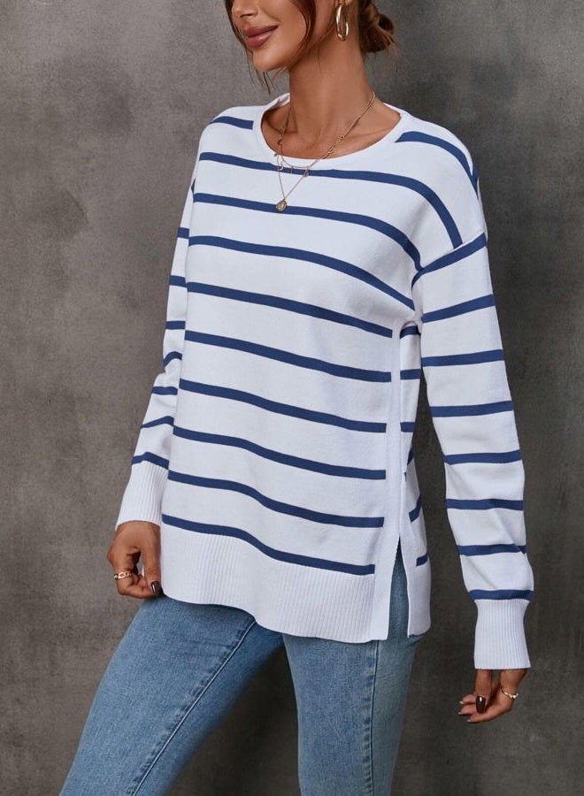 shermie Women's Long Sleeve Crew Neck Knitted Pullover Sweaters Casual Color Block Striped Sweater, 10244 Navy Stripes, M - Image 2