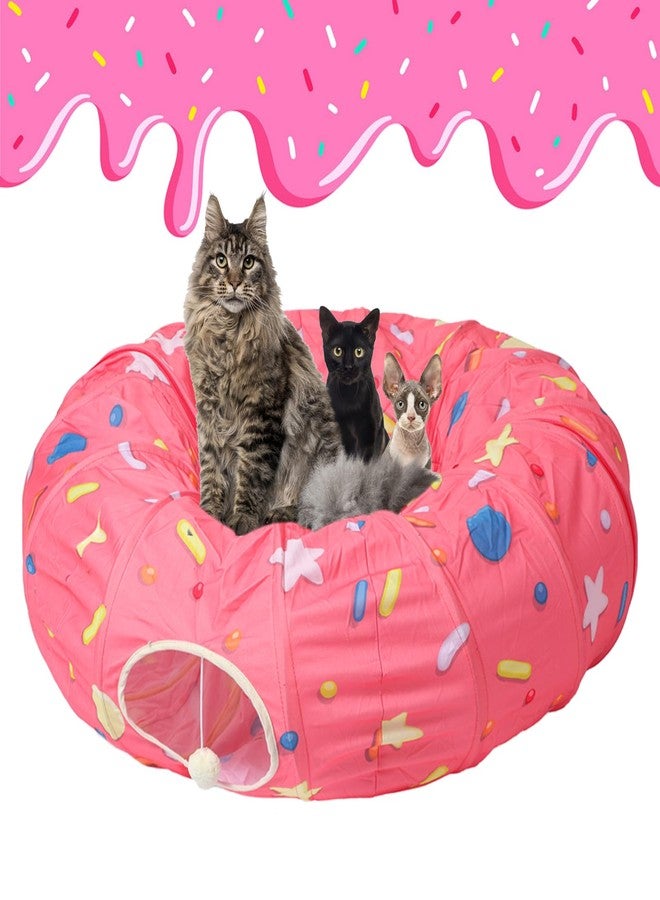 LUCKITTY نفق لاكيتي الكبير على شكل دونات للقطط، سرير نفق كبير للقطط، كرات ألعاب ناعمة، وسادة صغيرة وتصميم مرن - قطر 12 بوصة، مثالي للكلاب الصغيرة، وردي - Image 1