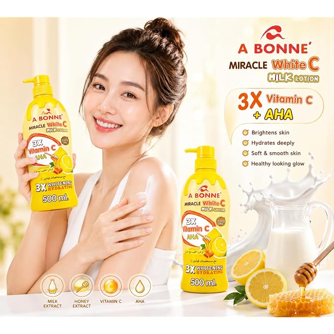 ROSMAR Thailand A Bonne Miracle White C Milk Lotion with Vitamin C, AHA & Honey, Hydrating Body Lotion, Moisturizing Daily Skin Care, 500 ml, Pack of 2 - Image 2