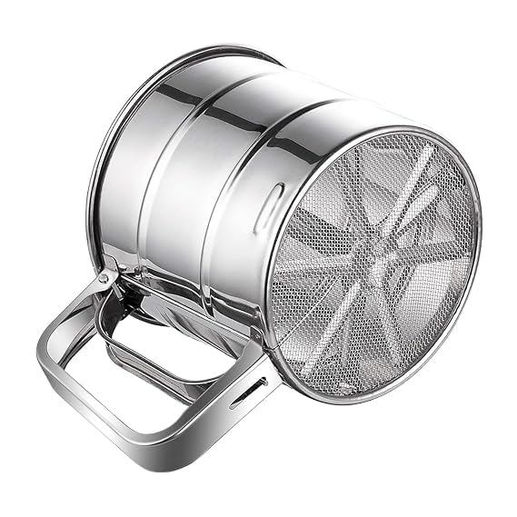 BBD kitchen shop Stainless Steel Mesh Flour Sifter for Baking Double Layer Shaker Sieve Tool Cup with Handle One Hand Press Crank Sifter for Powdered Sugar Duster Food Strainer - Image 1