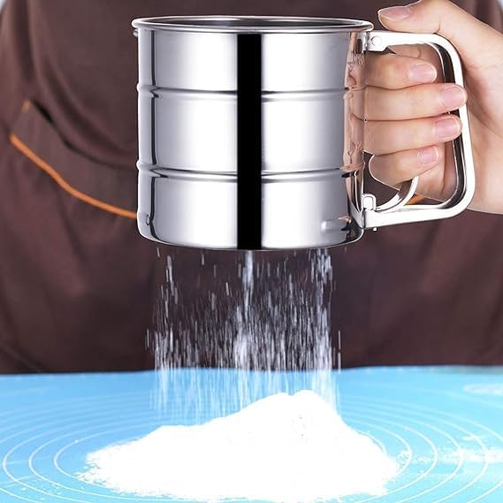 BBD kitchen shop Stainless Steel Mesh Flour Sifter for Baking Double Layer Shaker Sieve Tool Cup with Handle One Hand Press Crank Sifter for Powdered Sugar Duster Food Strainer - Image 3