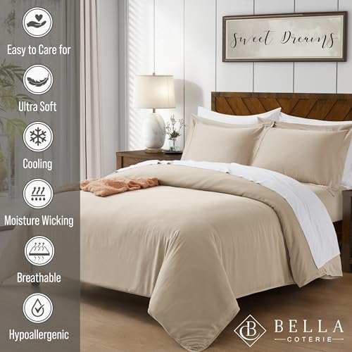 BC BELLA COTERIE Bella Coterie Luxury Bamboo Viscose Queen Size Duvet Cover Set 100 Organically Grown Corner Ties Ultra Soft Cooling Two Pillow Shams 90 x 94 No Insert Dune - Image 3