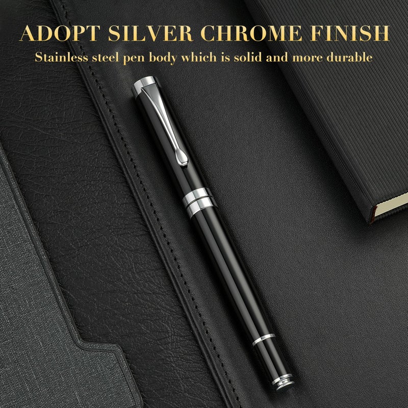 BEILUNER Ballpoint Pens, Stunning Black Chrome Ballpoint Pen with Silver Trim, Best Ball Pen Gift Set for Men & Women, Professional, Executive, Office, Fancy Pen-Gift Box With 0.5mm Extra Black Refill - Image 3