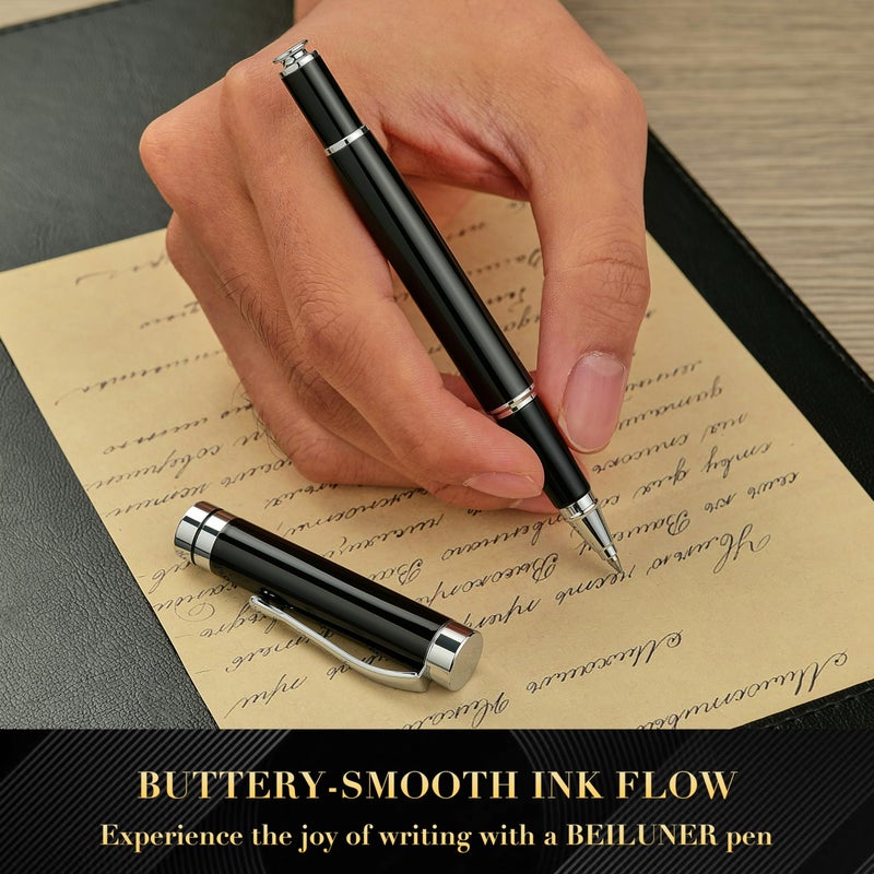 BEILUNER Ballpoint Pens, Stunning Black Chrome Ballpoint Pen with Silver Trim, Best Ball Pen Gift Set for Men & Women, Professional, Executive, Office, Fancy Pen-Gift Box With 0.5mm Extra Black Refill - Image 4