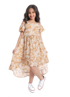 Andora Off-Shoulders Self Pattern Girls Dress_ White & Beige  - Image 1