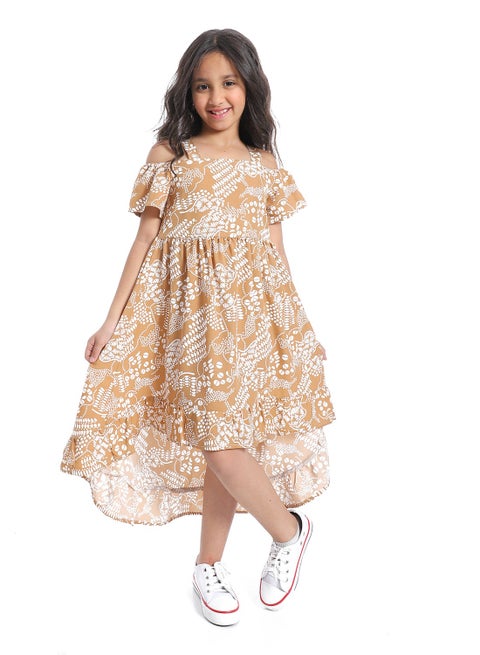 Off-Shoulders Self Pattern Girls Dress_ White & Beige