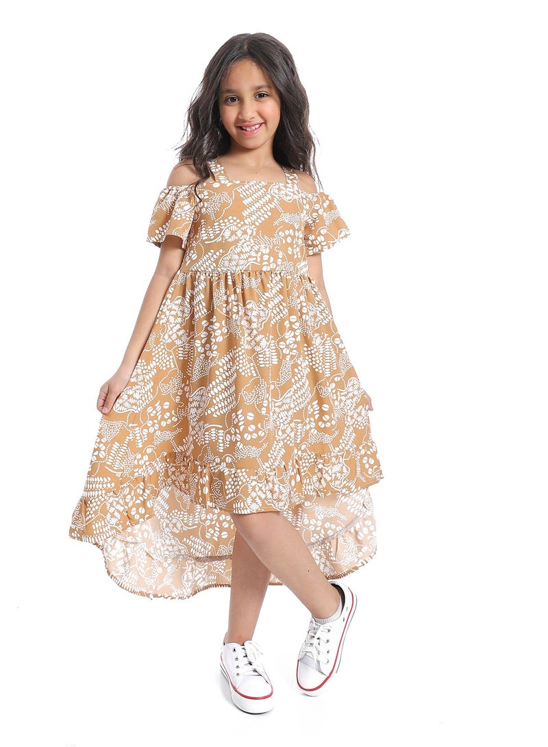 Andora Off-Shoulders Self Pattern Girls Dress_ White & Beige - Image 1