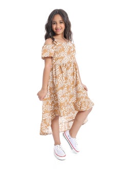 Andora Off-Shoulders Self Pattern Girls Dress_ White & Beige  - Image 3