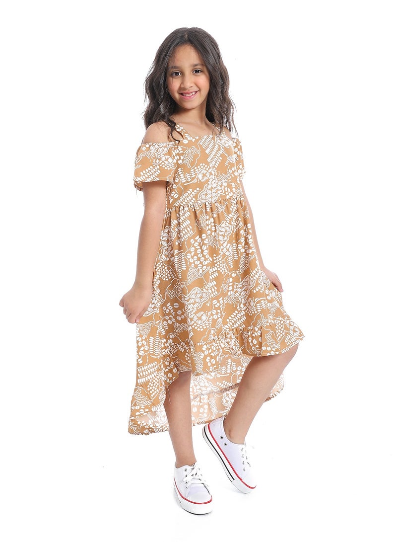 Andora Off-Shoulders Self Pattern Girls Dress_ White & Beige - Image 3