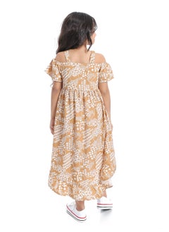 Andora Off-Shoulders Self Pattern Girls Dress_ White & Beige  - Image 4