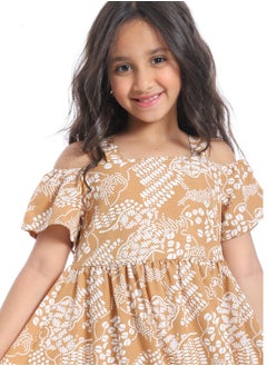Andora Off-Shoulders Self Pattern Girls Dress_ White & Beige  - Image 5